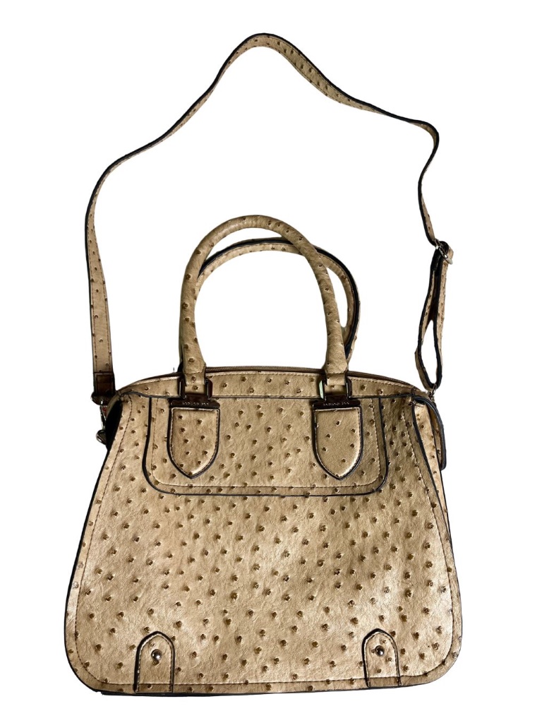 London Fog Tan Faux Ostrich Vegan Leather Hand Bag Large Crossbody Purse